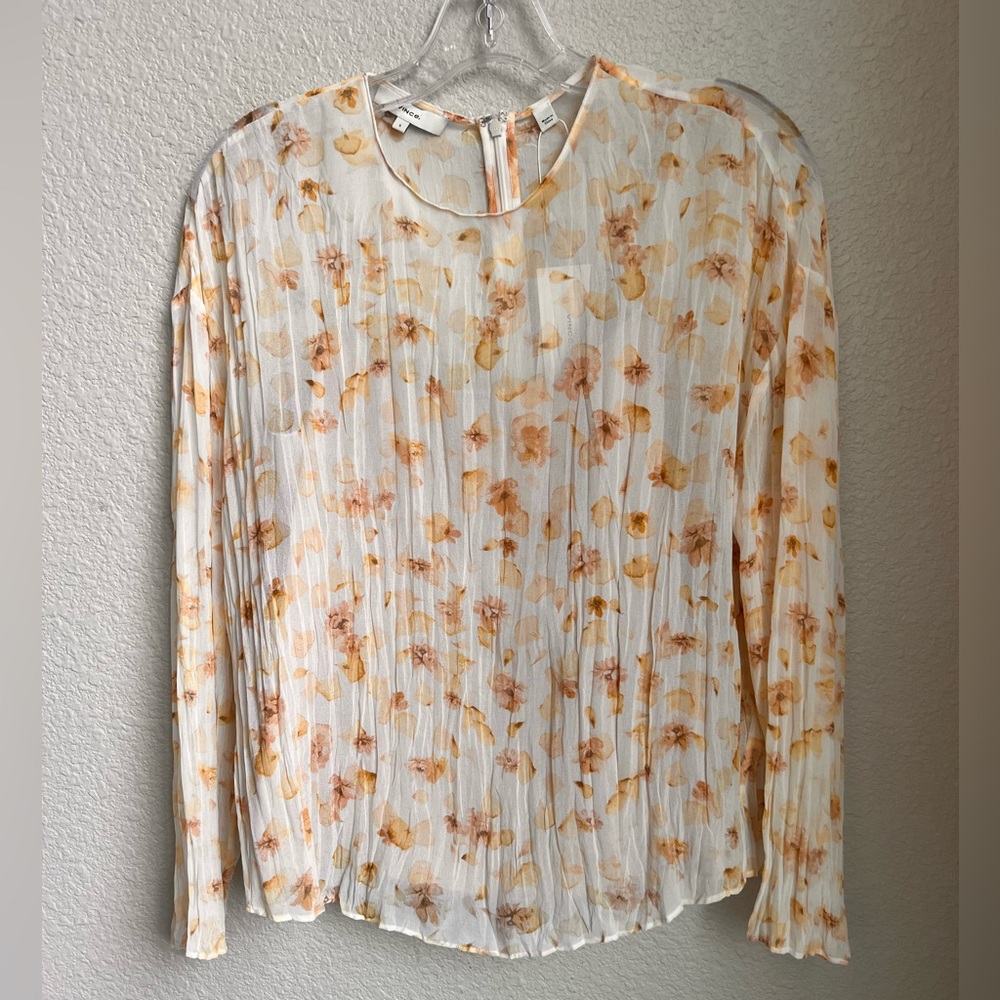 NWT Vince Pressed Petal Floral Long Sleeve Blouse Chiffon Crinkle Cami Sz Small